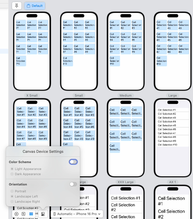 Canvas device settings with orientation options