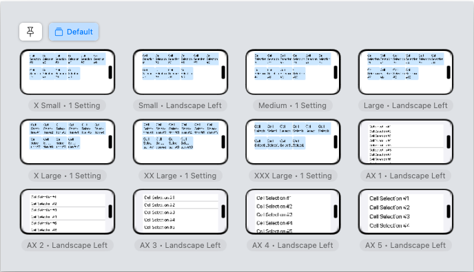 SwiftUI Previews in landscape orientation, showing the layout by size change from grid to list
